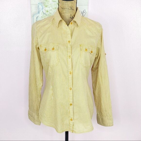 Zara TRF Button Front Shirt Striped Elbow Patches Medium Yellow White Oxford - Picture 1 of 9